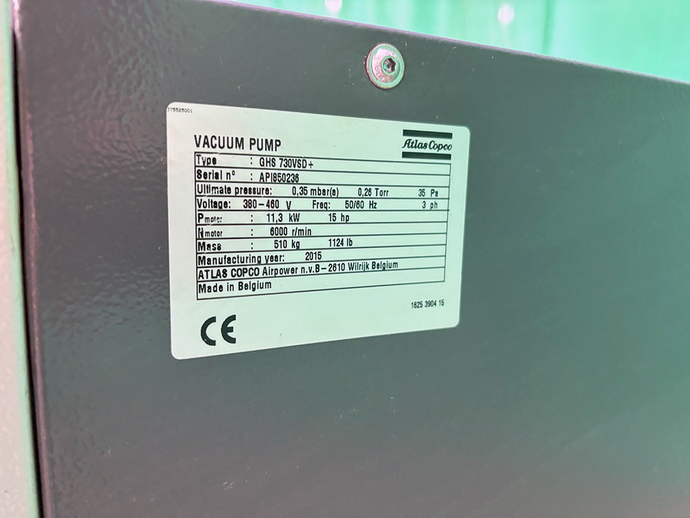 Used 2015 Atlas Copco Model GHS 730VSD Vacuum Pump S/N AP1850236