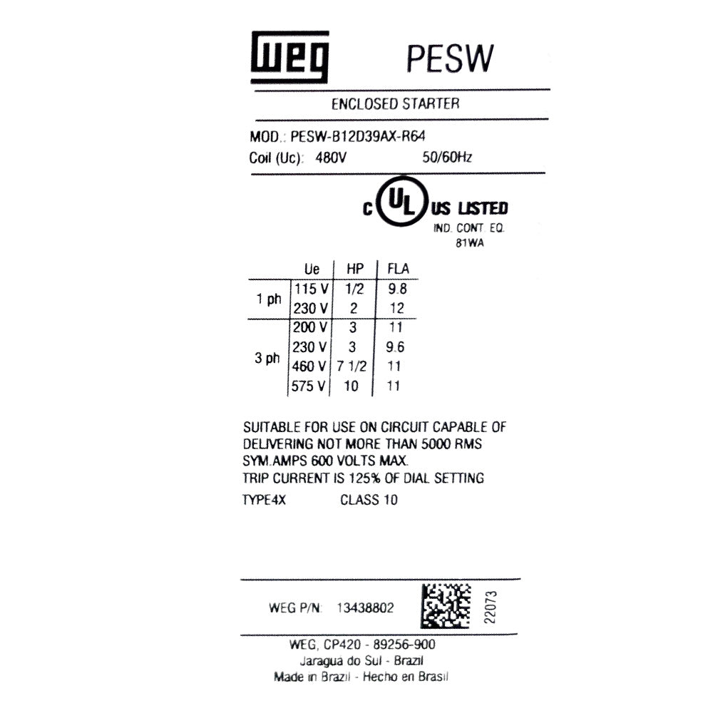 WEG Enclosed Electric Manual Motor Starter PESW-B12D39AX-R64