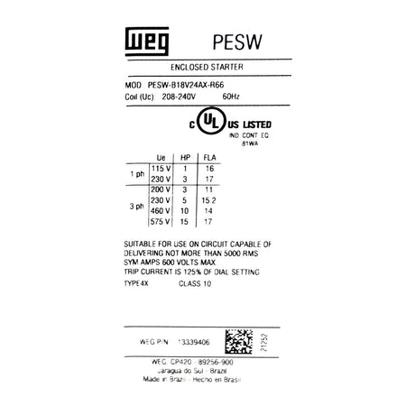 WEG Enclosed Electric manual motor starter PESW-B18V24AX-R66