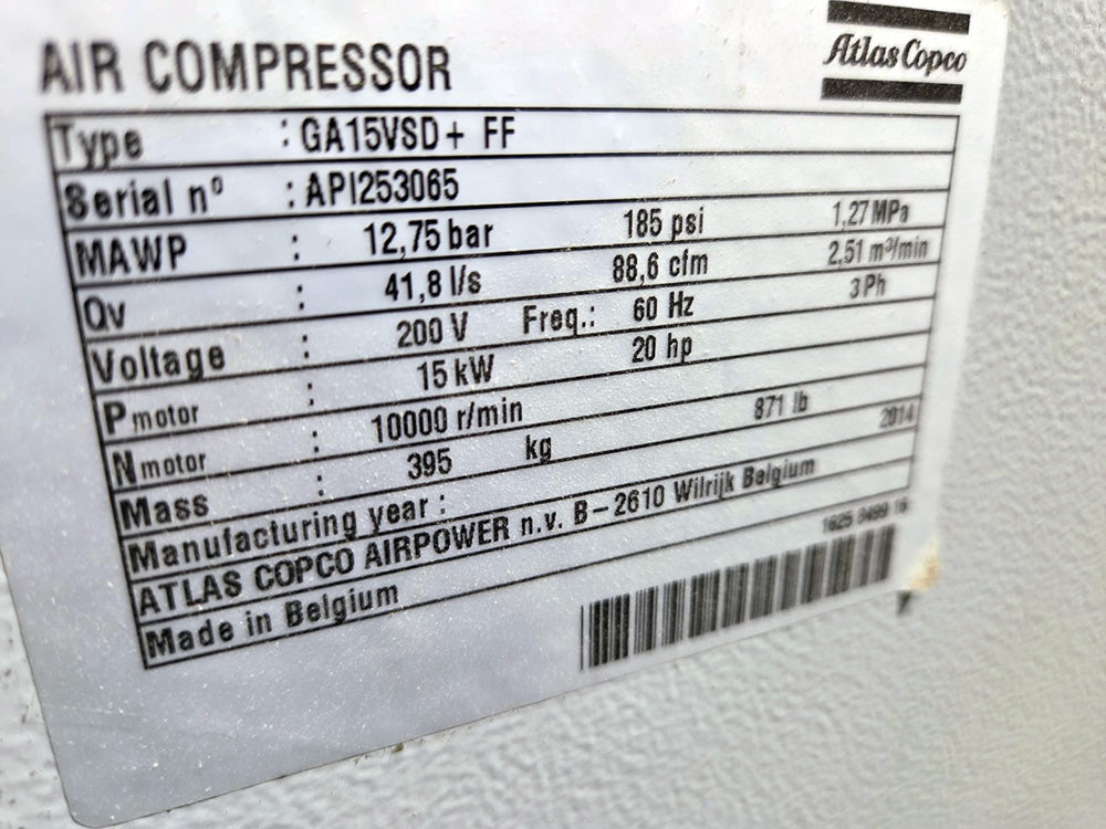 Used Atlas Copco Air Compressor GA15VSD+FF