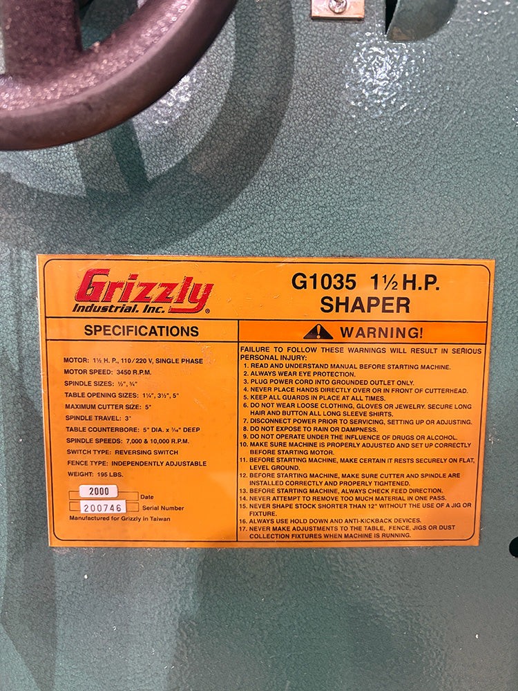 Used Grizzly G1035 1-1/2 HP Shaper
