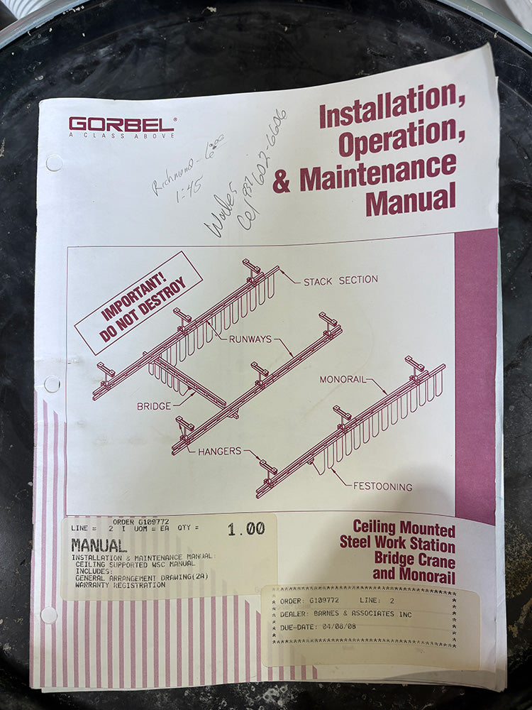 Used Vaculex Lifter with Vacuum Pump and Gorbel Ceiling Mounted Monorail
